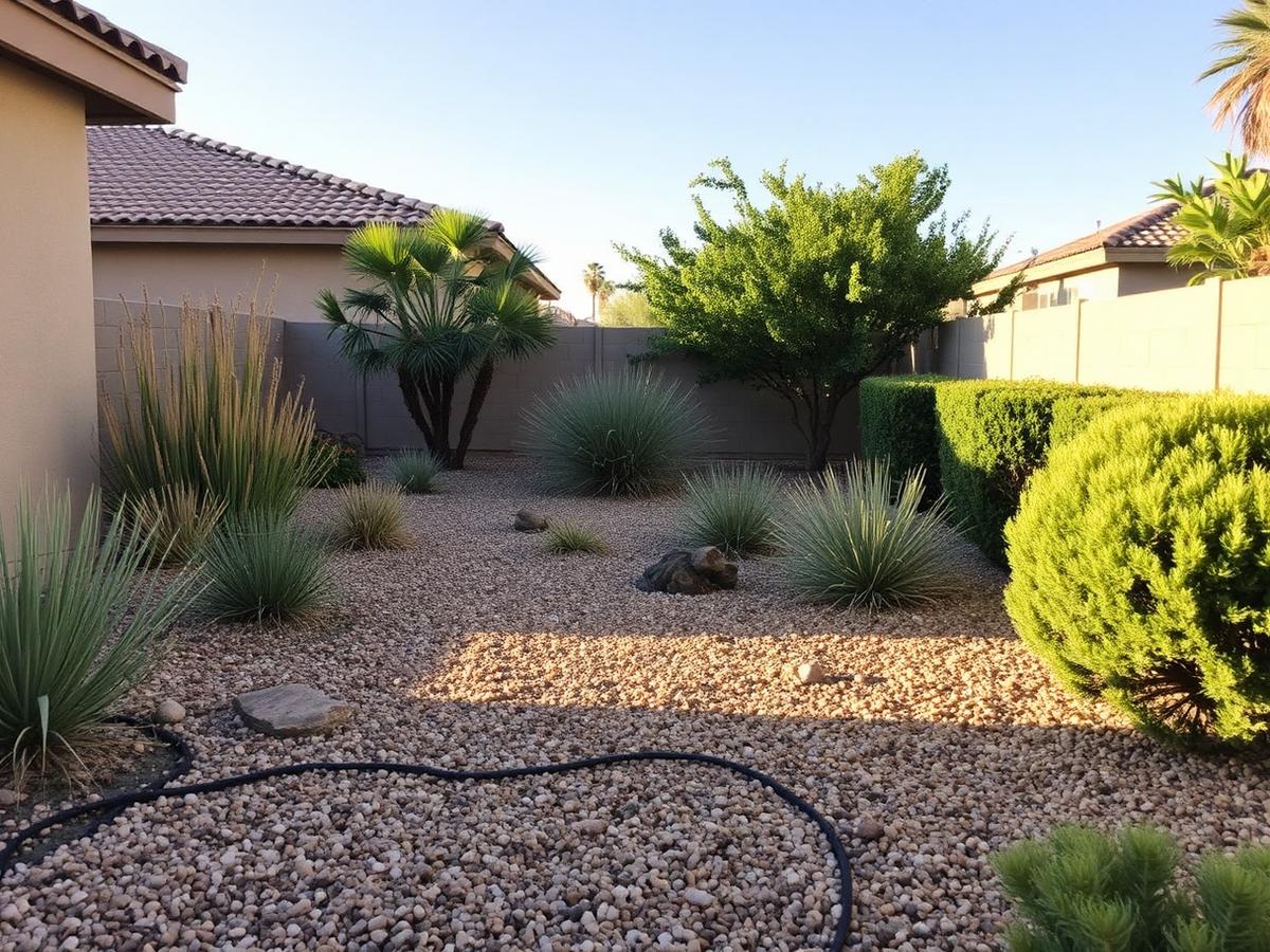 Tidy Arizona desert backyard after professional landscape maintenance