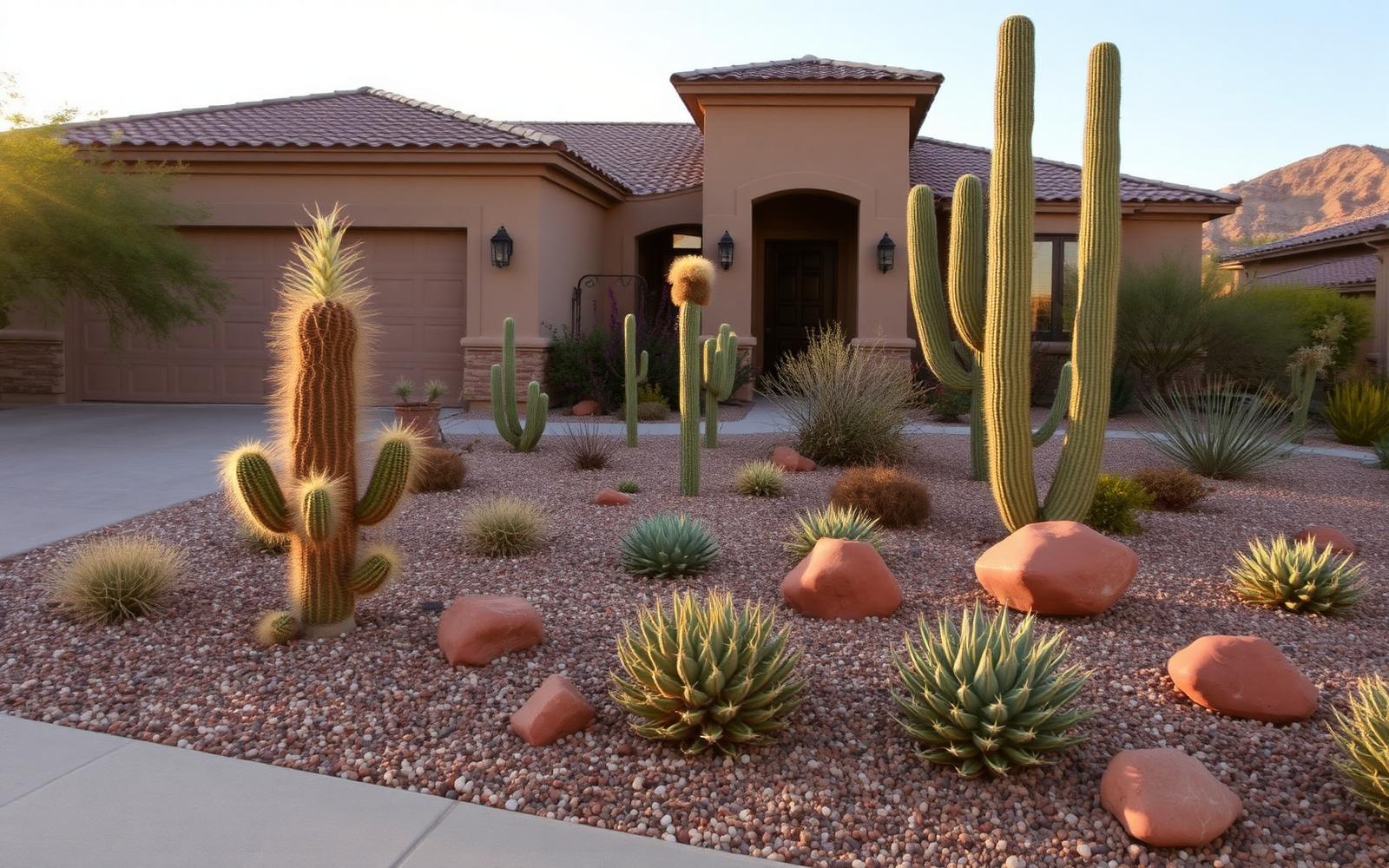 Well-maintained desert landscape with cacti and decorative gravel in front of a Phoenix Arizona home